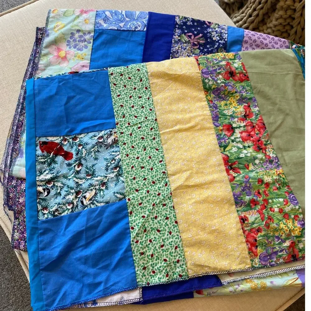 Handmade 90s Patchwork Quilt Top 100x68 Blue Purple Floral Cotton Strip Pieced